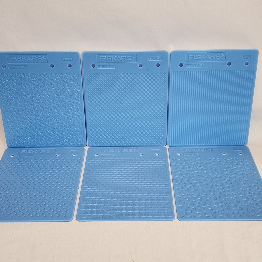 Set 6 Double Sided Fiskars Texture Plates Blue Plastic Embossing Rubbing Tools